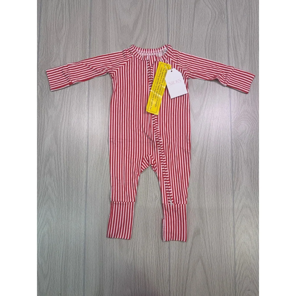 Dream With Silks Red Pin Stripe Bamboo Viscose Infant Romper 0-3 Months NWT